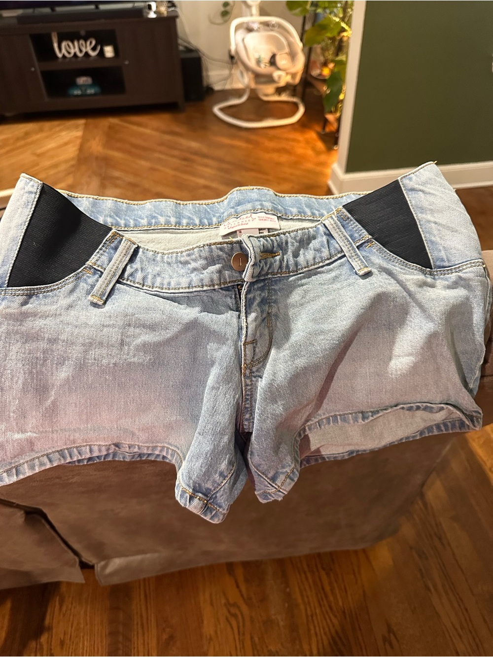 Light Wash Denim Maternity Shorts with Black Stretch Panels